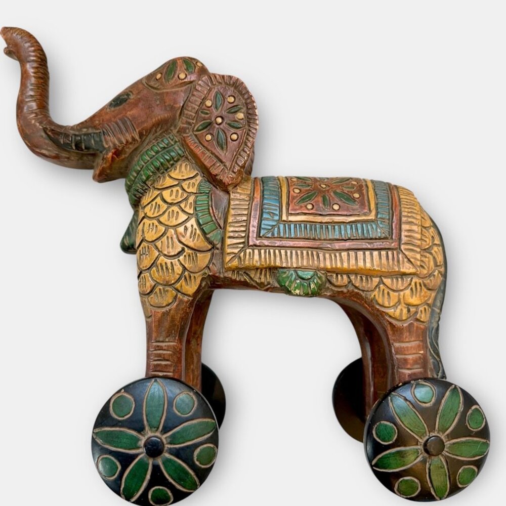 Vintage Wooden Elephant Figurine on Wheels